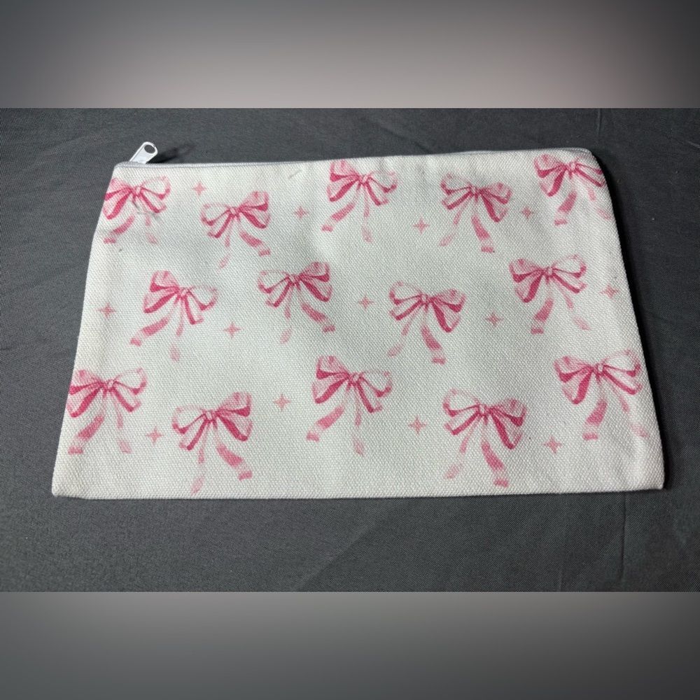 New Pink Bow Print Zip Pouch